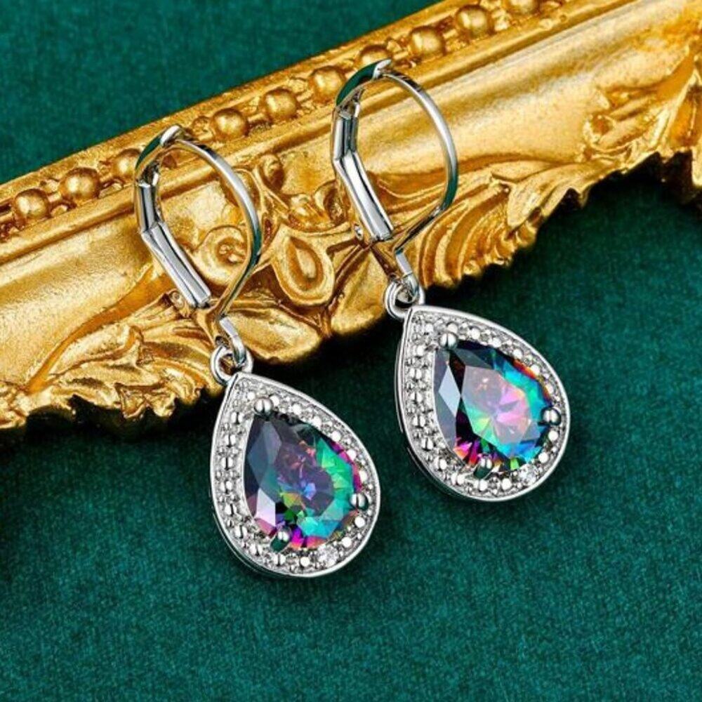 Halo Sparkle Purple Teardrop Leverback Earrings for Women 18K White Gold Plated